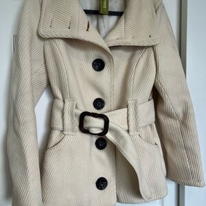Belted Ribbed Wool Stylish Ivory/ Cream Women's Jacket